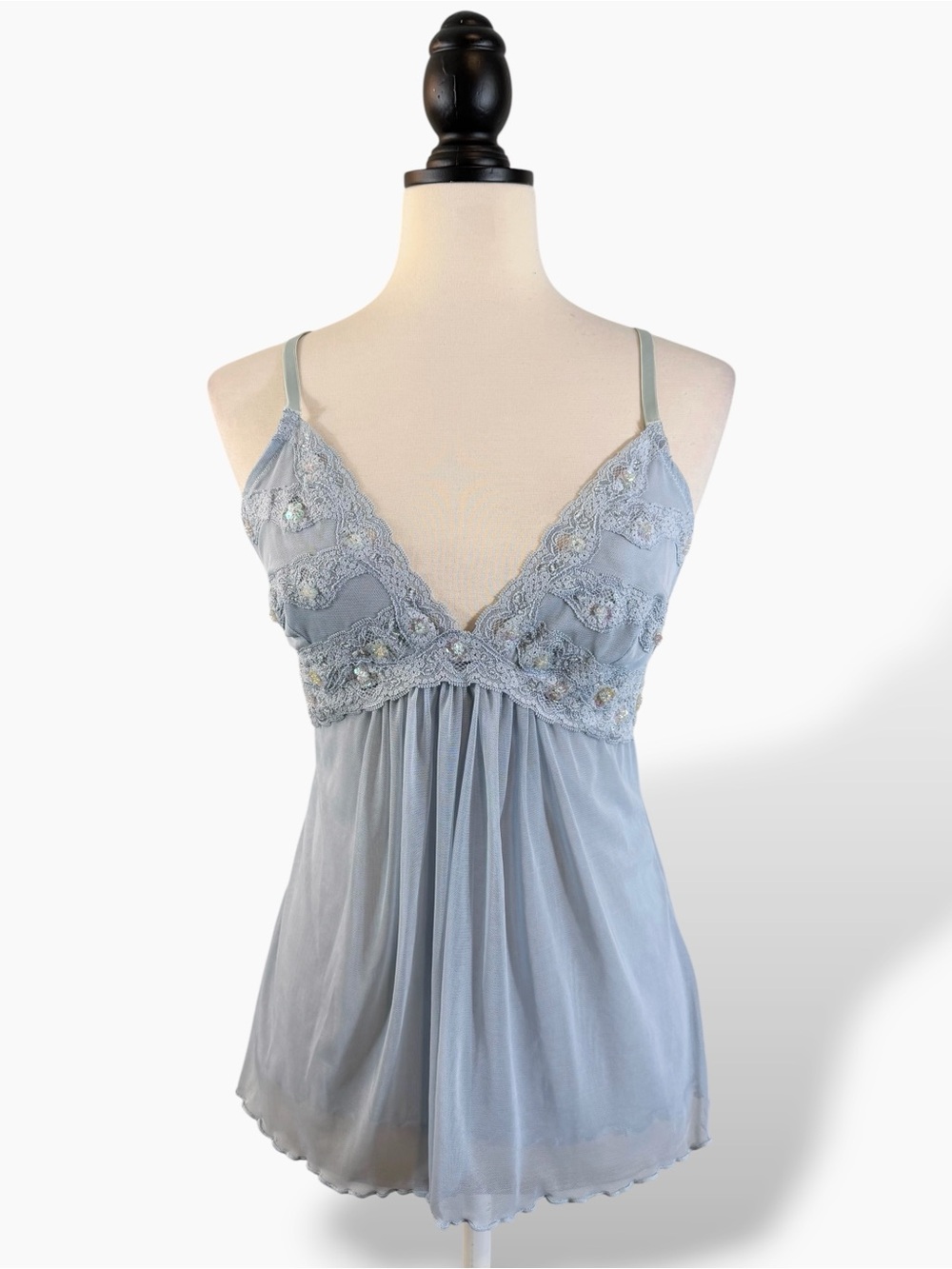 Blue Mesh Cami Tank Top Size L Delicates Sequin Beaded 90s Y2K Casual Loungewear